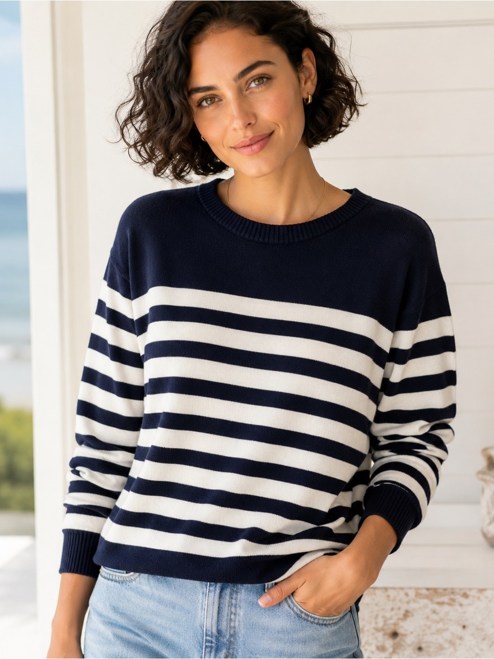 Any Day Women’s Large Navy Blue White Striped Cotton Blend Crewneck Sweater